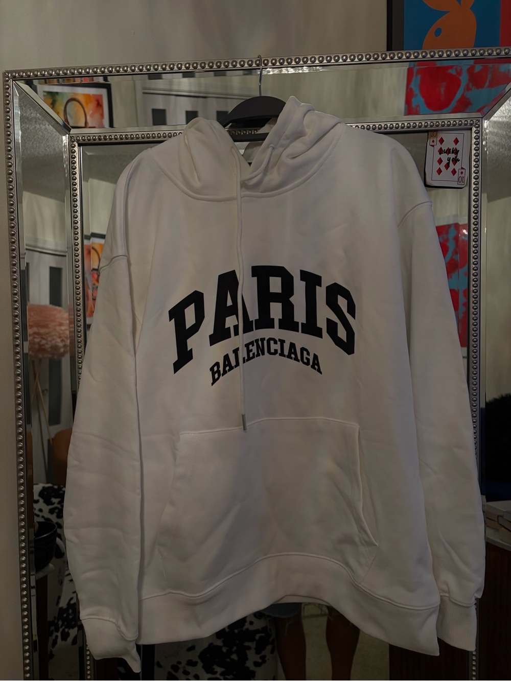 Balenciaga White Hoodie with Black PARIS Logo - Men